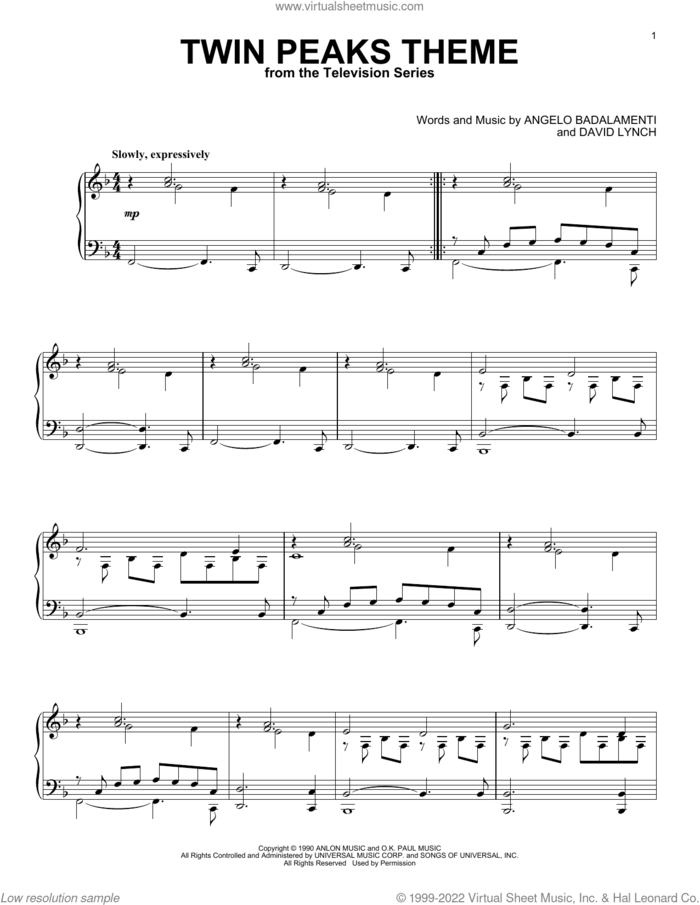 Twin Peaks Theme sheet music for piano solo (PDF-interactive)