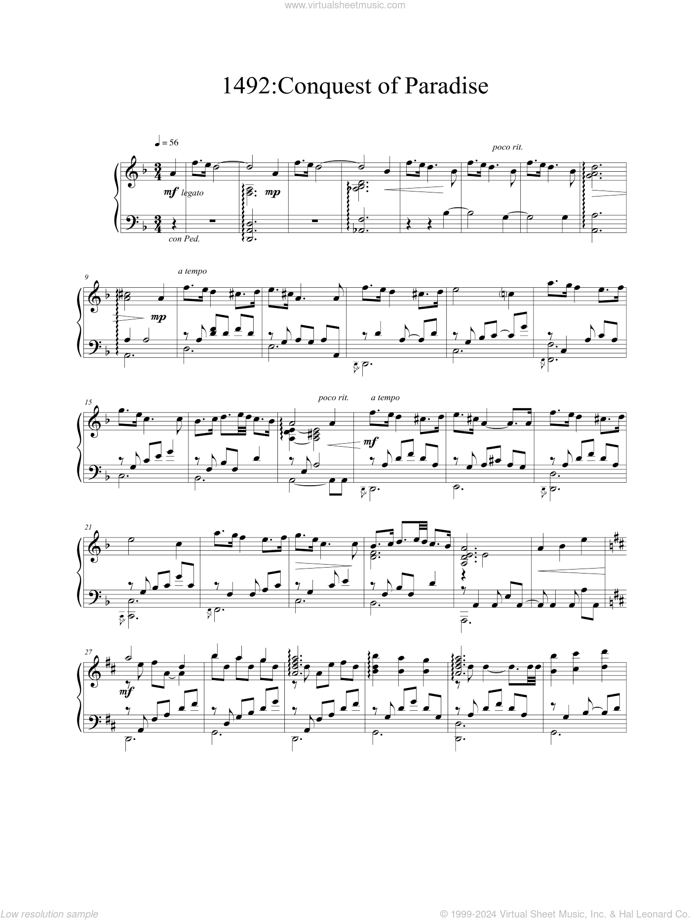 Conquest Of Paradise sheet music for piano solo (PDF)