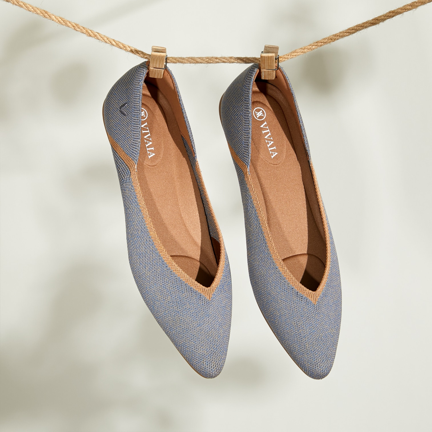 Vienna Pointed-Toe V-Cut Flats in Sandy Blue-Sustainable&Washable