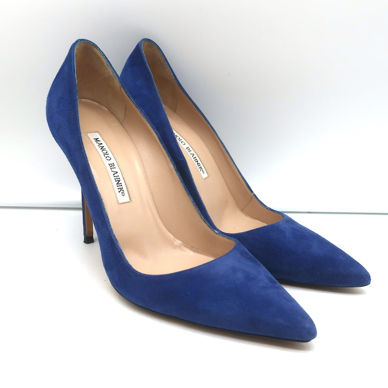 Manolo Blahnik BB 105 Pumps Blue Suede Size 38 Pointed Toe Heels