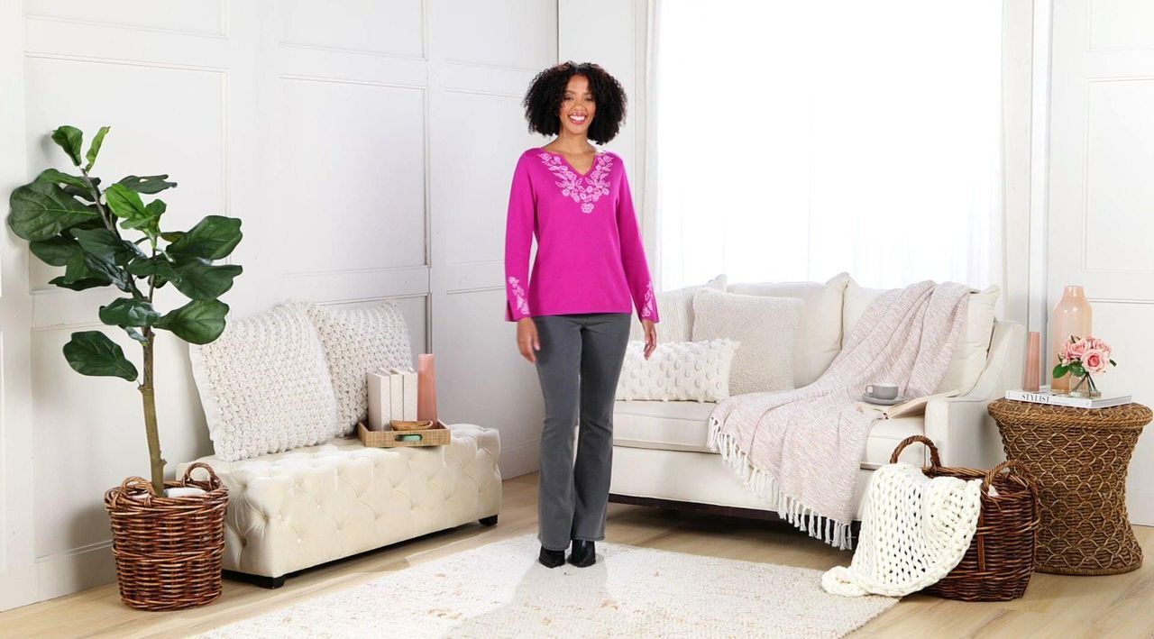 Susan Graver Split Neck Jacquard Sweater - QVC.com
