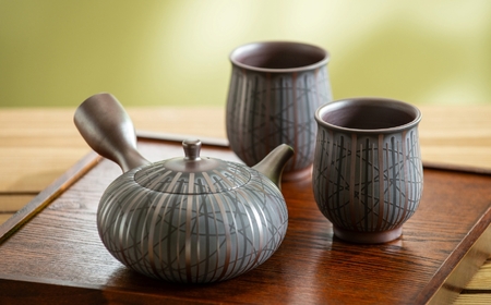萬古焼（ばんこやき）】希少 萬古の匠・清水醉月（すいげつ）縞文茶器