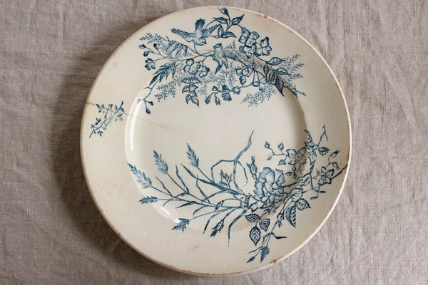 レア！フランスアンティーク水色黒い小鳥とお花手描きのホーロー