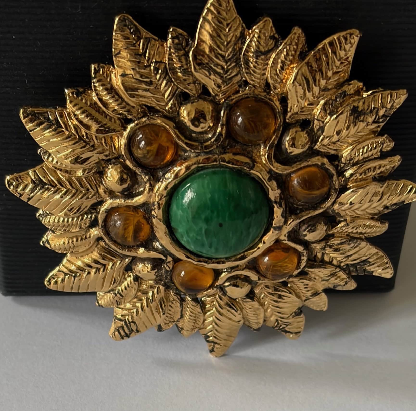 GUY LAROCHE Vintage Oversized Flower Gold Brooch Amber Green