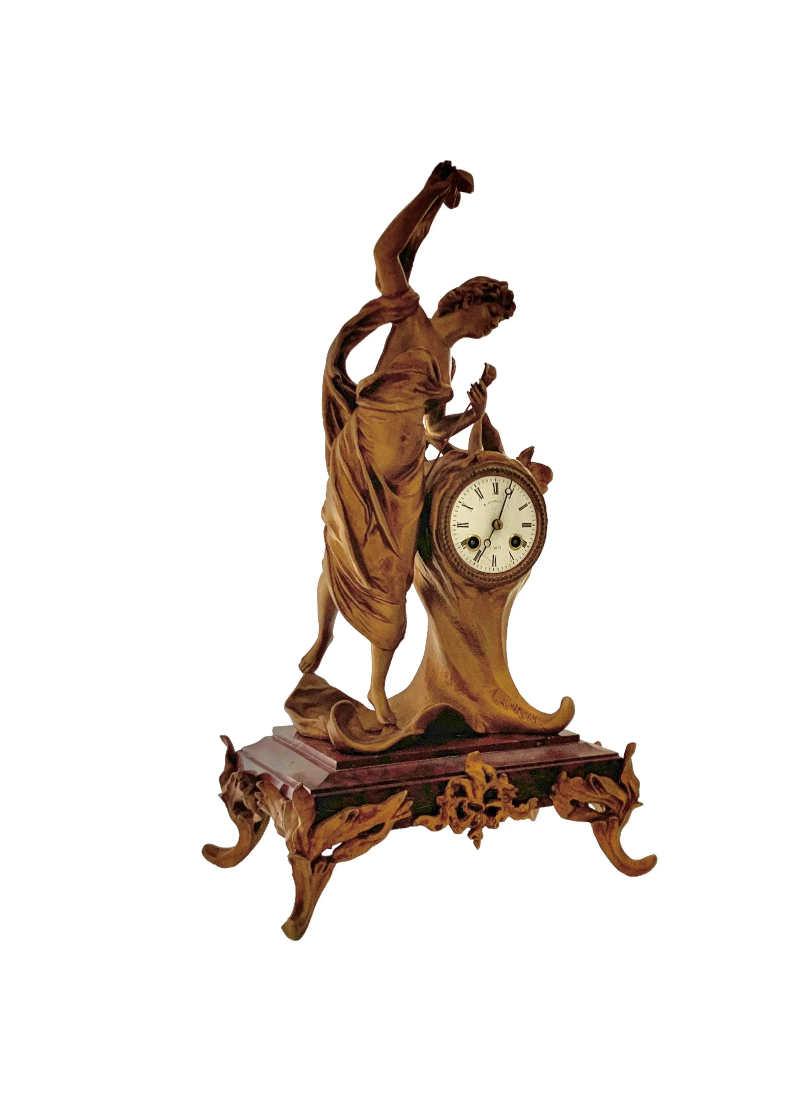 Antique Mantel Clock Lady Figure on Marble Base French Laurore Art
