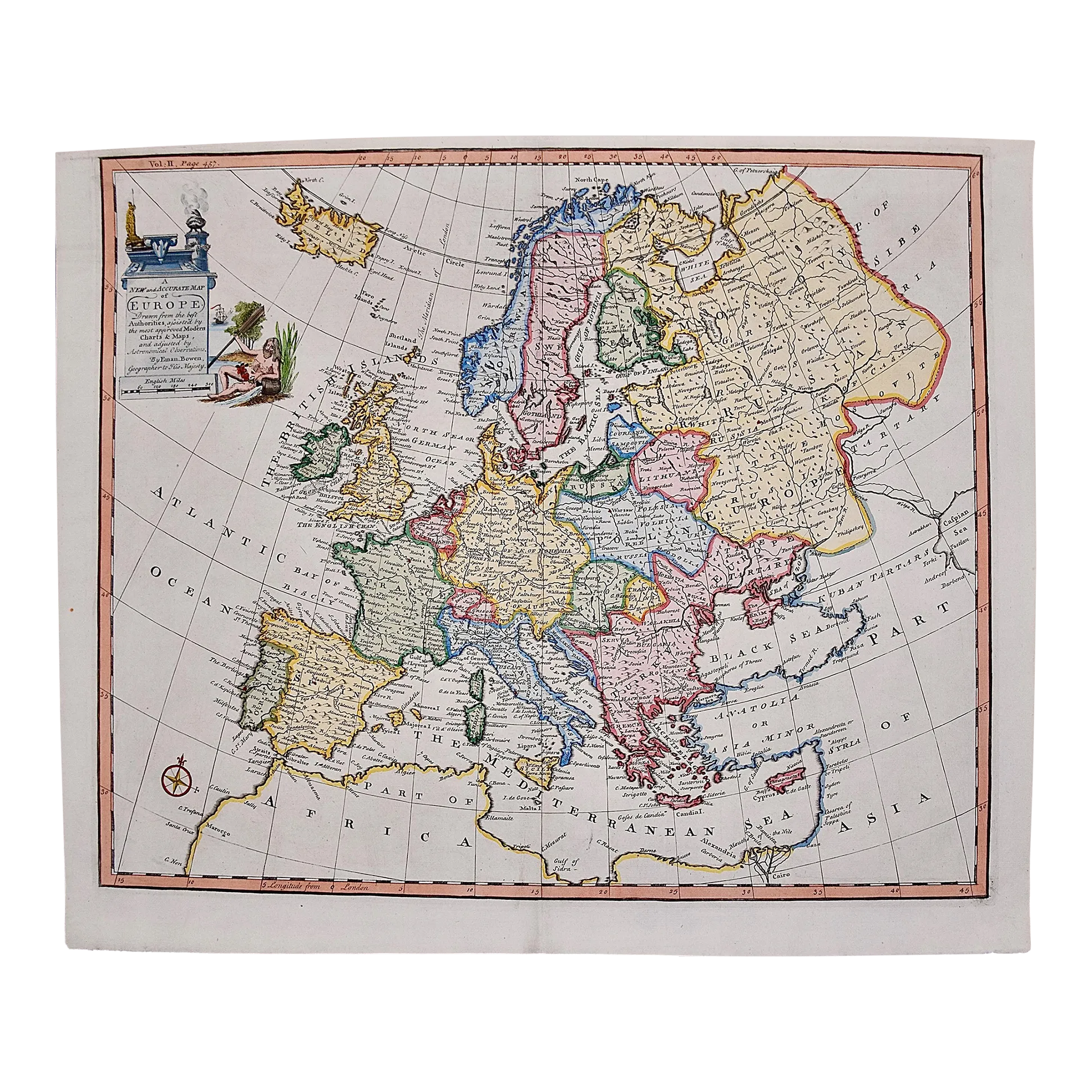 Emanuel Bowen Europe: An Original 18th Century Hand-colored Map by