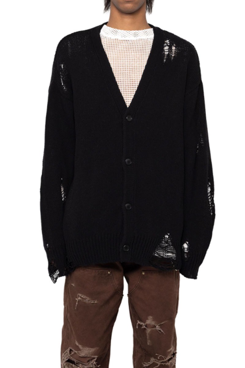 KAMIYA Distressed Knit Cardigan (BLACK)