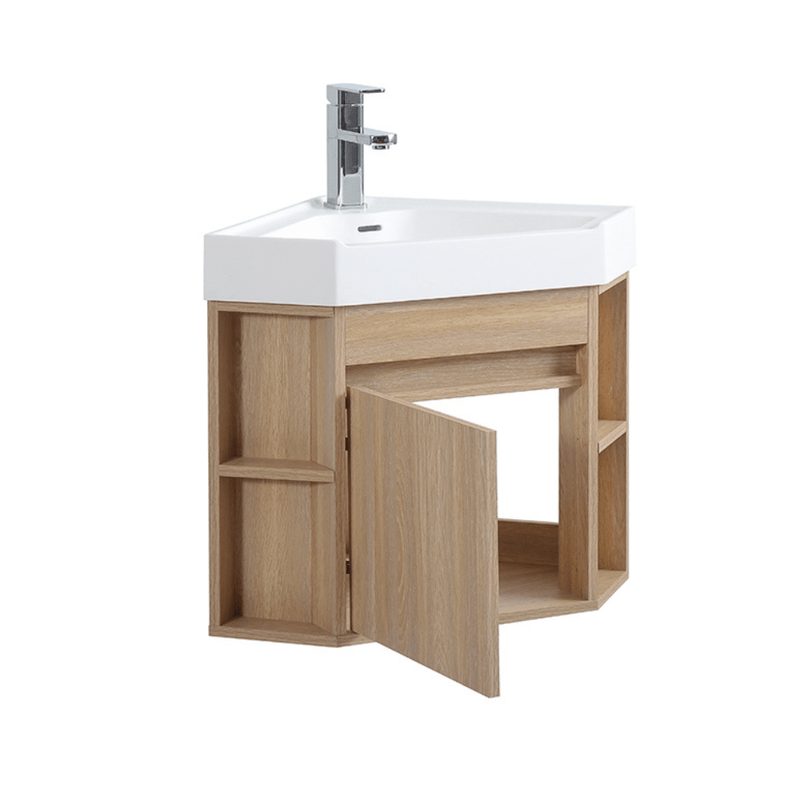 18 Inch Wall Mount Corner Bathroom Vanity – Light Oak Finish
