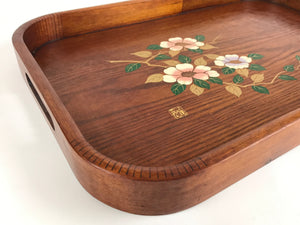 Japanese Wooden Serving Tray Vtg Large Obon Brown Maki-e Flower