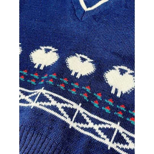 羊模様編み ネイビー Vネック ニットベスト アメリカ古着 レトロ