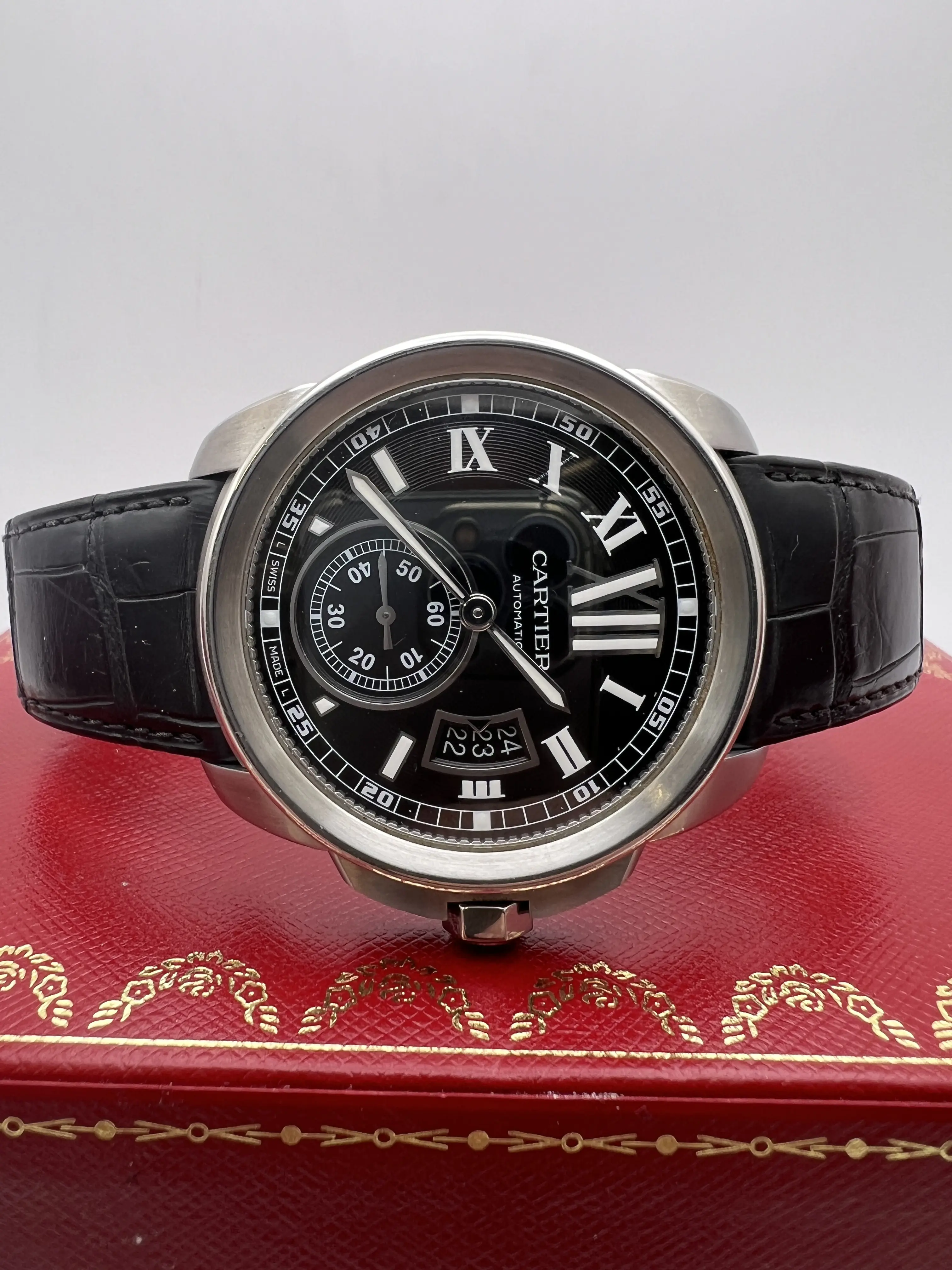 Cartier Calibre Black Dial Leather 42mm Men's Steel Watch Box