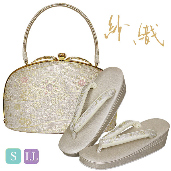 草履バッグセット 沙織 礼装用 シルバー系の草履&華柄のバッグ S/LL