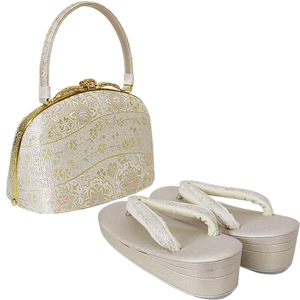 草履バッグセット 沙織 礼装用 シルバー系の草履&華柄のバッグ S/LL