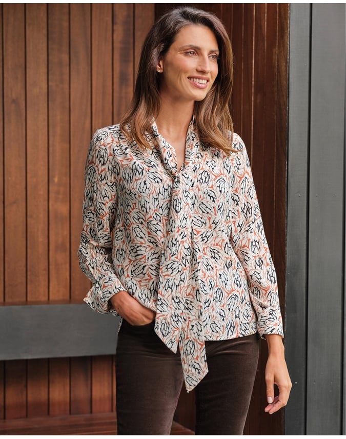 Pale Creme Leaf | Tie Neck Silk Blouse | Pure Collection