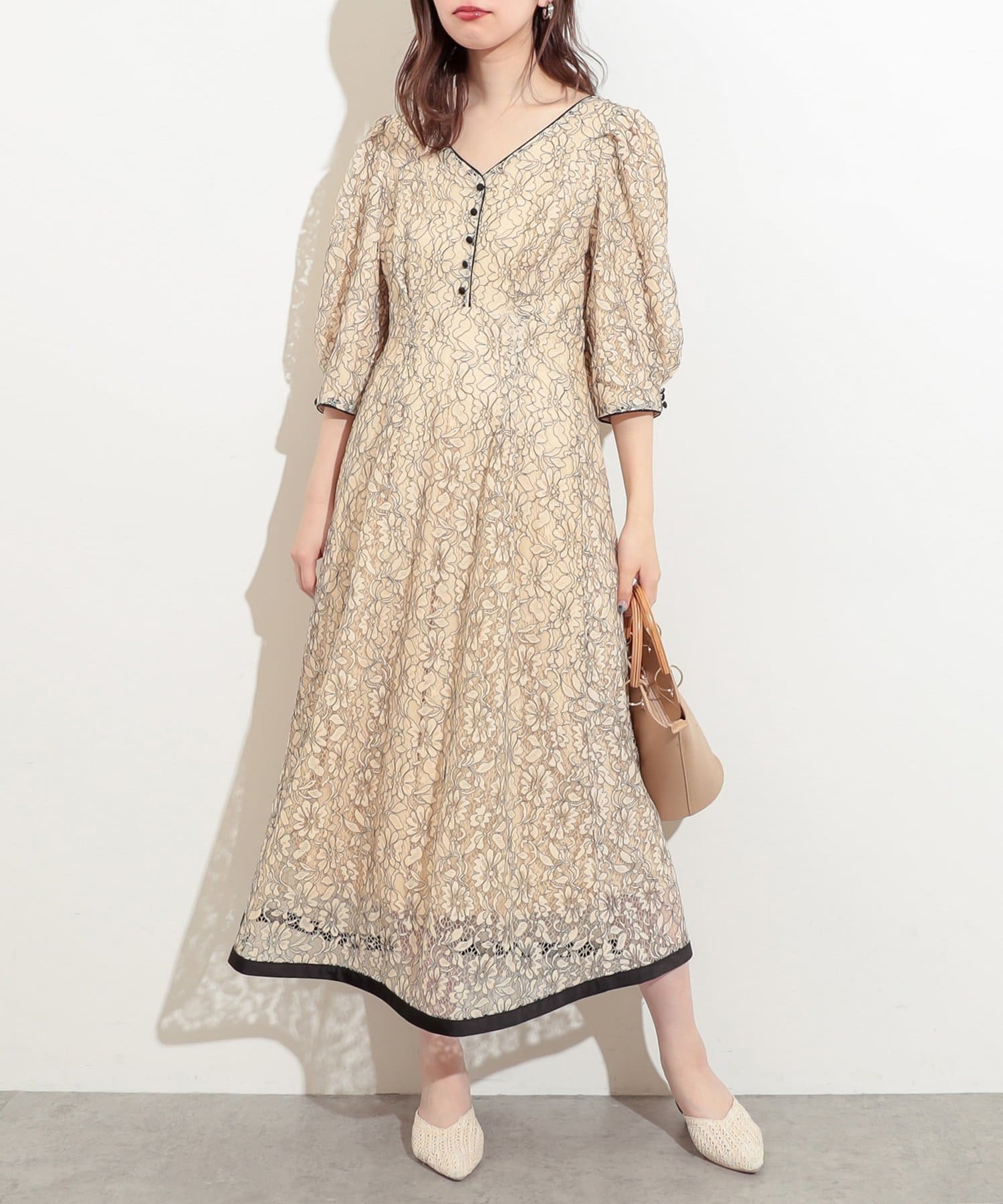 袖口パイピング7分袖レースワンピース | natural couture(ナチュラル