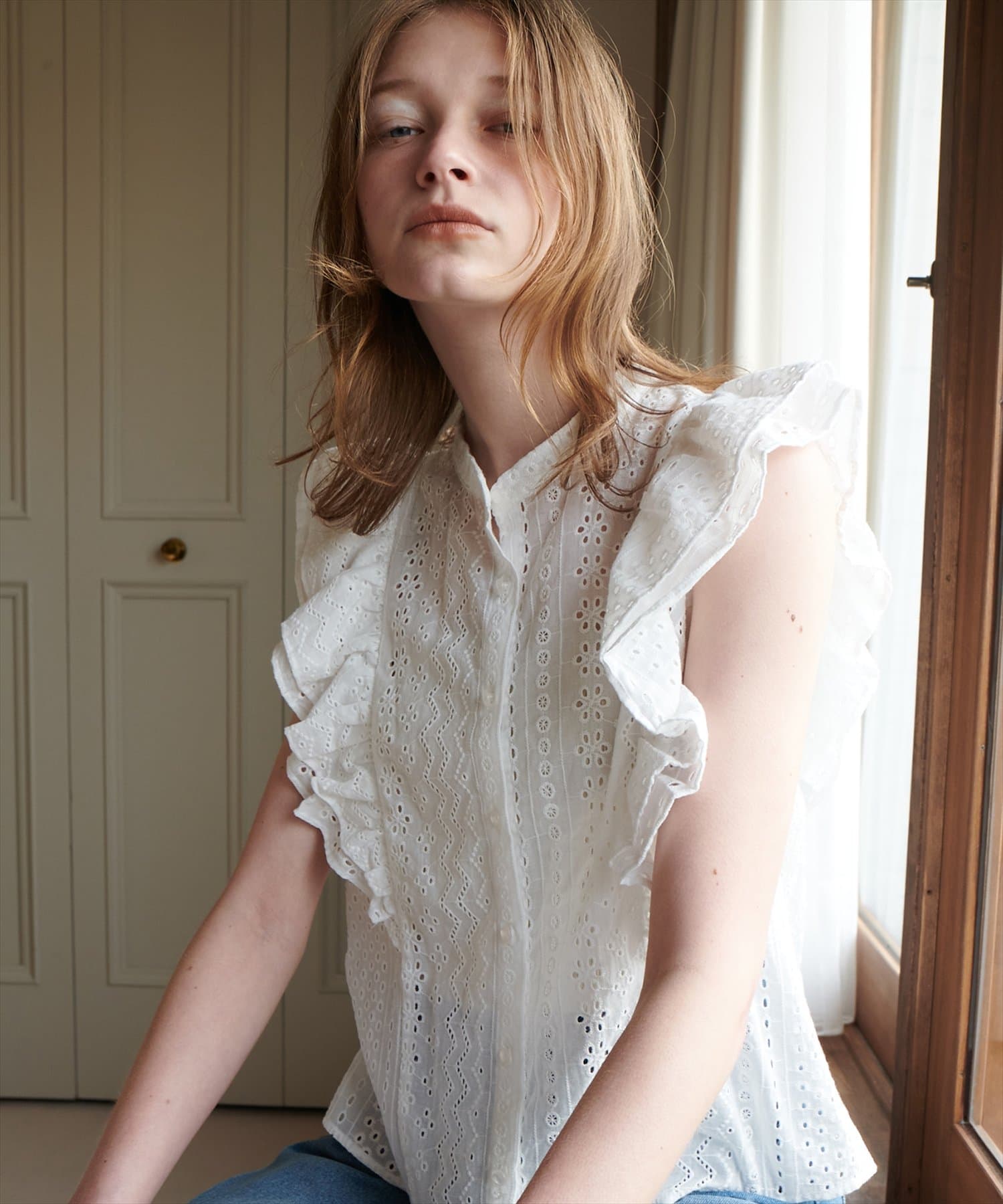 WEB限定カラーあり/コットンレースラッフルスリーブブラウス | natural