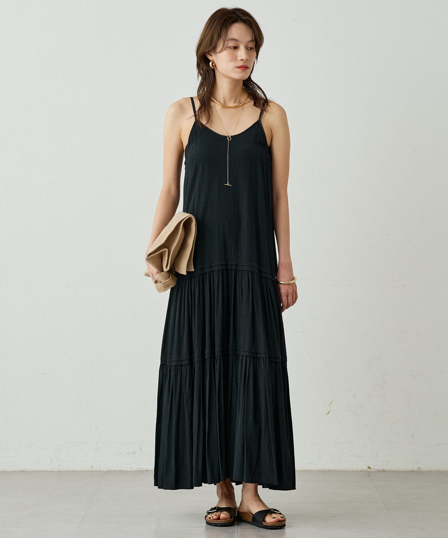 名品ワンピ/手洗い可能】サテンティアードキャミワンピース