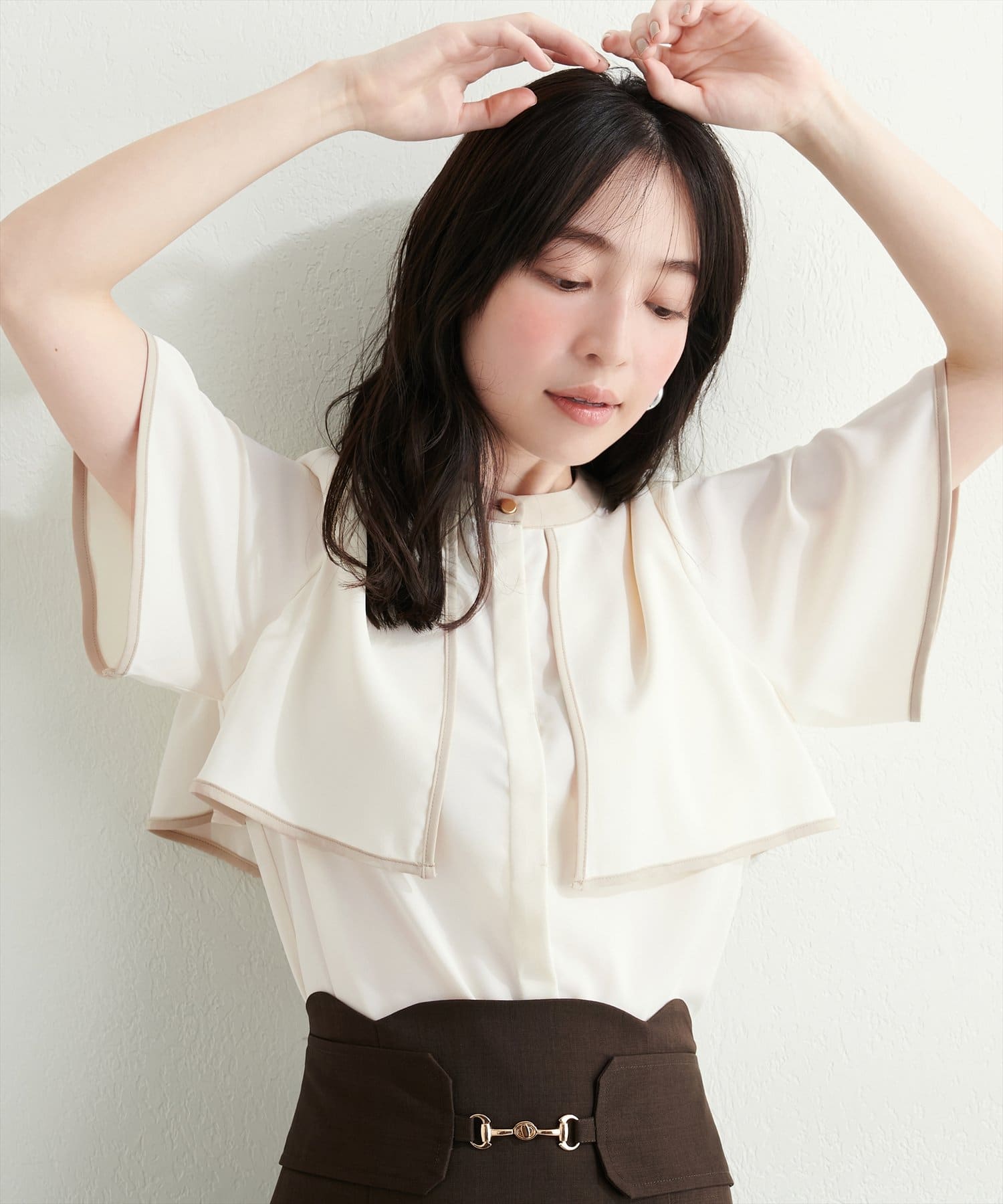 スタンドネック配色ケープブラウス | natural couture(ナチュラル