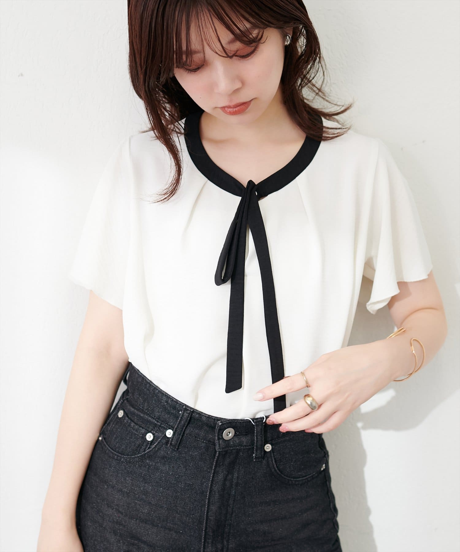 配色リボンタイフレアスリーブブラウス | natural couture(ナチュラル