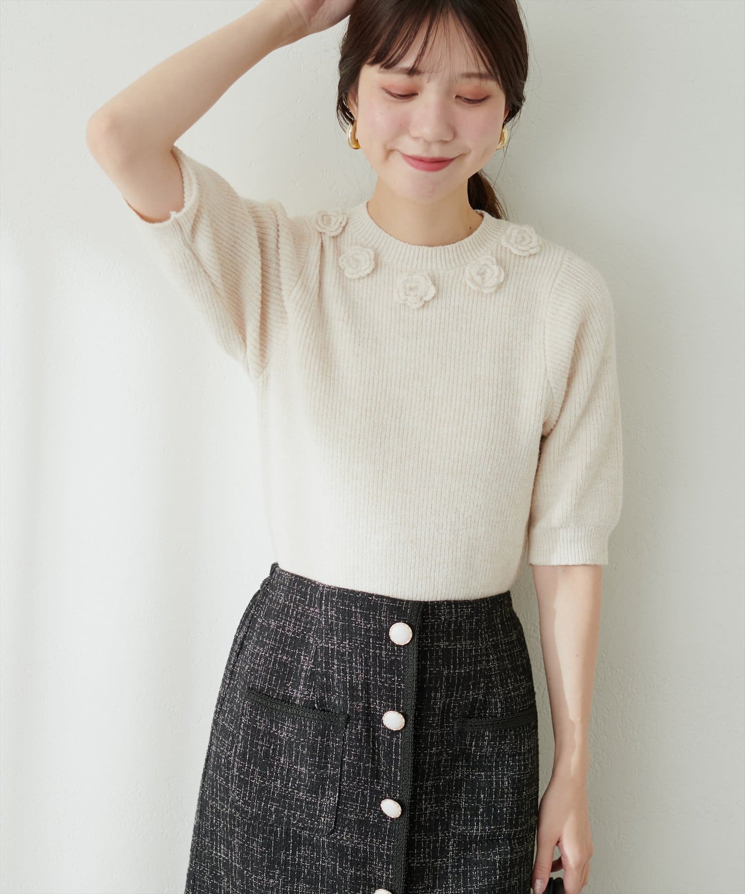 お花モチーフ半袖ニット | natural couture(ナチュラルクチュール
