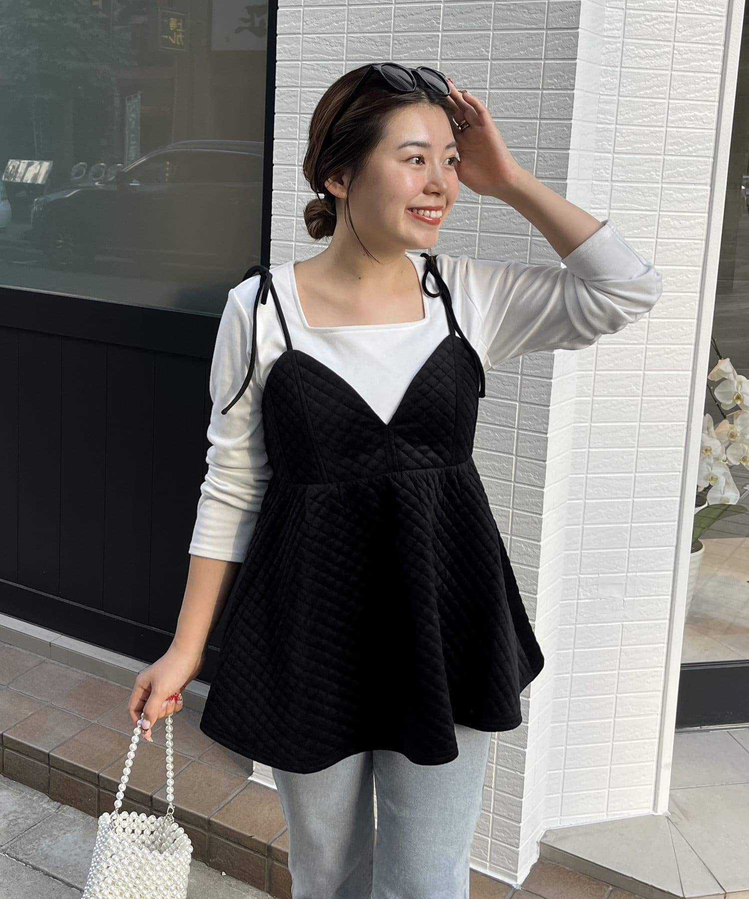 MOMO COLLECTION】キルティングベロアVネックペプラムビスチェ | prose