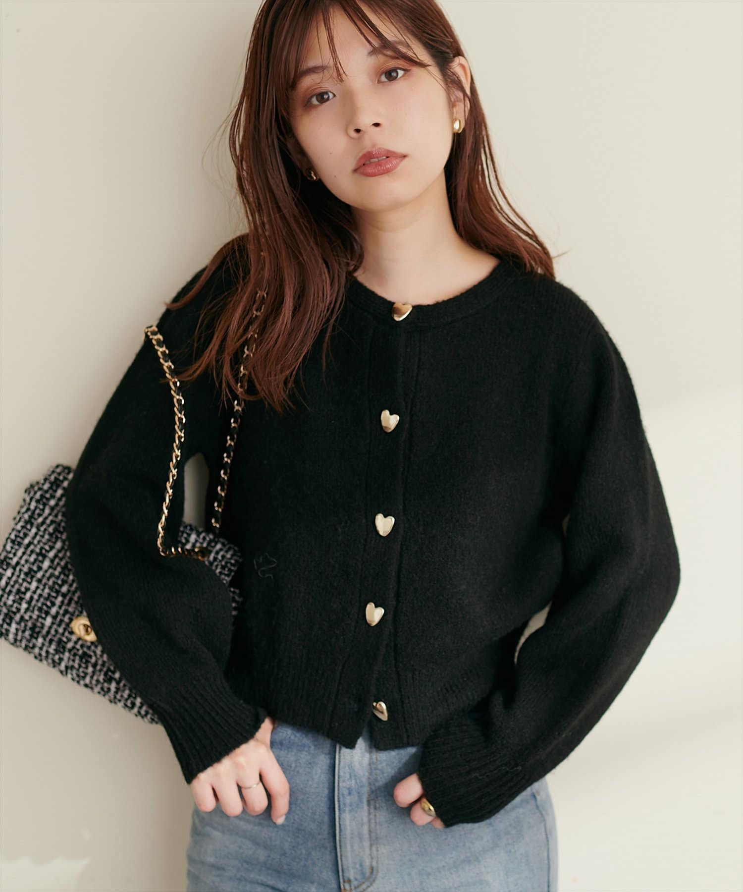 ハート釦クルーネックカーディガン | natural couture(ナチュラル