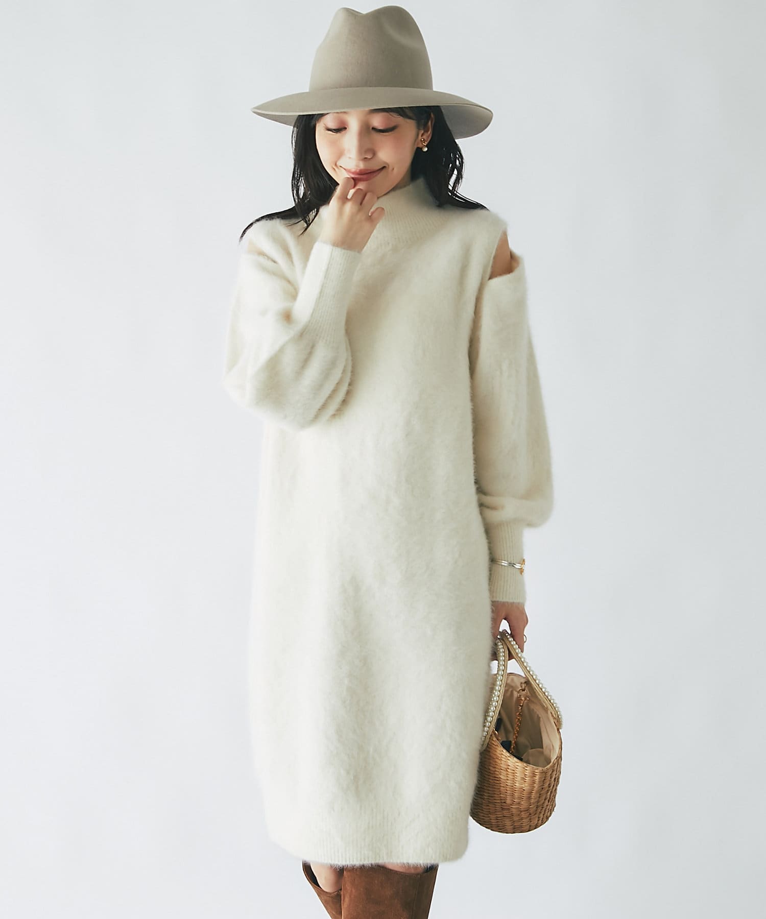 ヘアリーカシミアスリットショルダーワンピース | La boutique BonBon