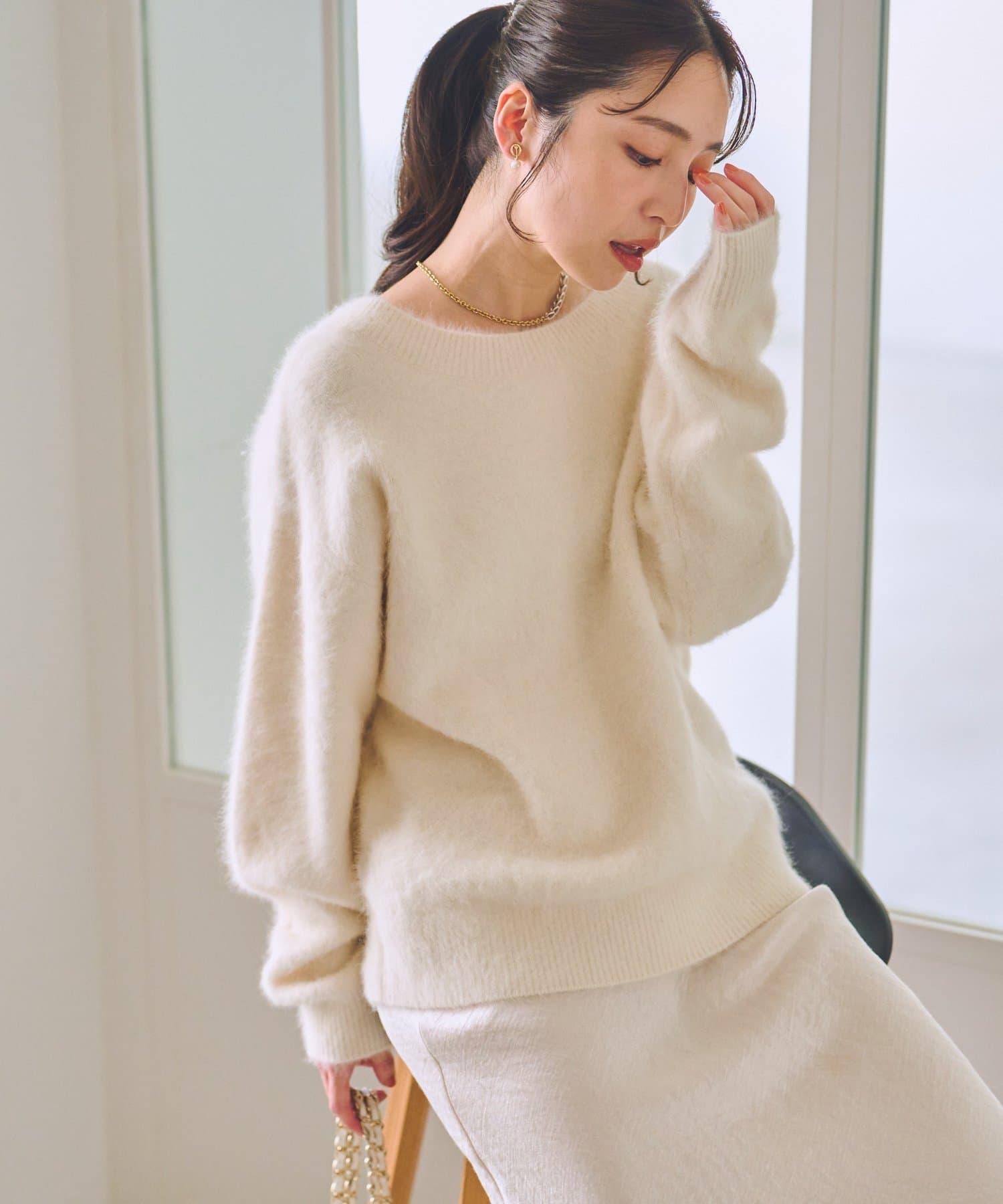 今すぐお届け！】ヘアリーウールカシミヤ混ストレッチ前後2WAYニット