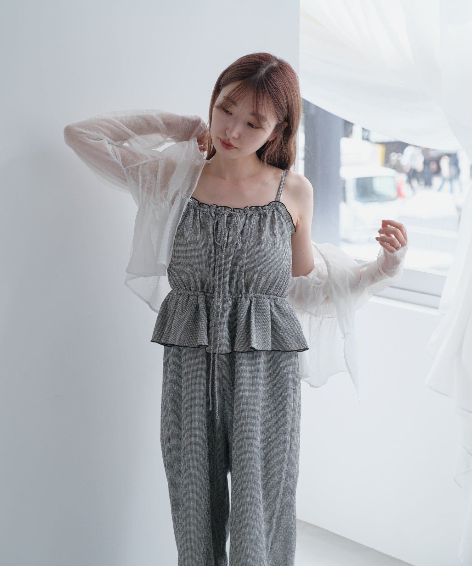 低身長サイズ/2サイズ展開/無地&チェック】ペプラムキャミサロペット