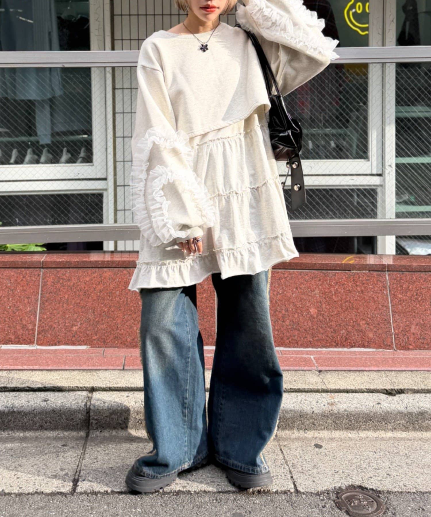 1枚でオシャレ見え♪】チュールスリーブスウェットワンピース | w