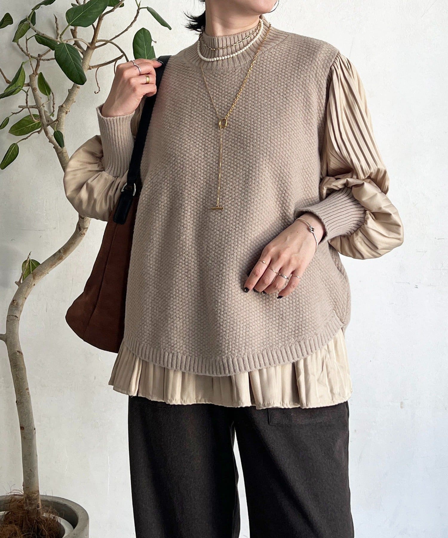 袖異素材レイヤードニットプルオーバー | un dix cors(アンディコール