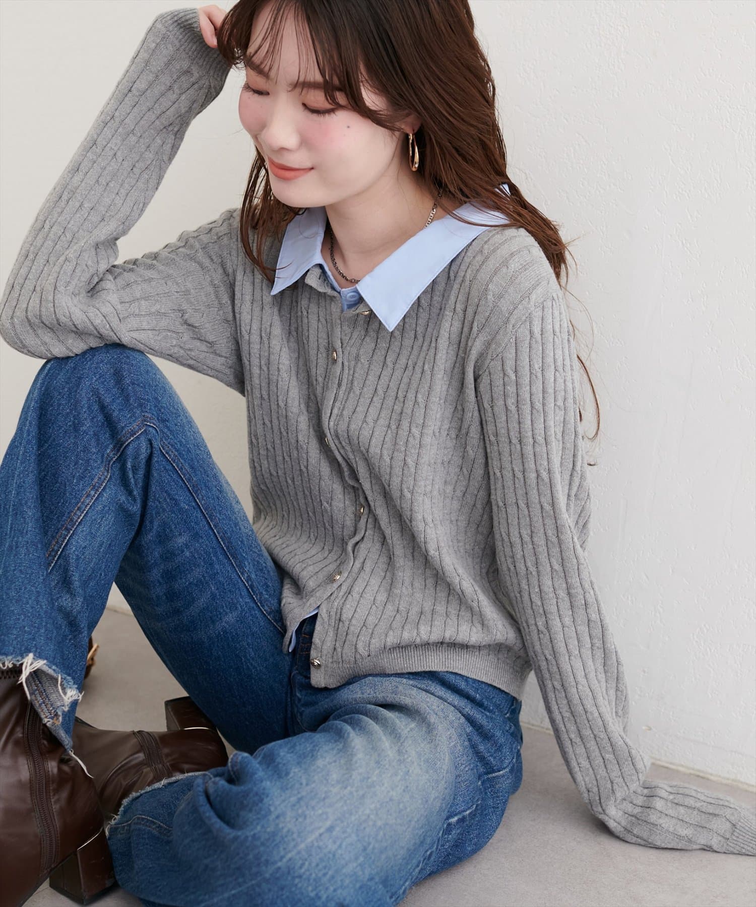 レイヤード風衿付きケーブルカーディガン | natural couture