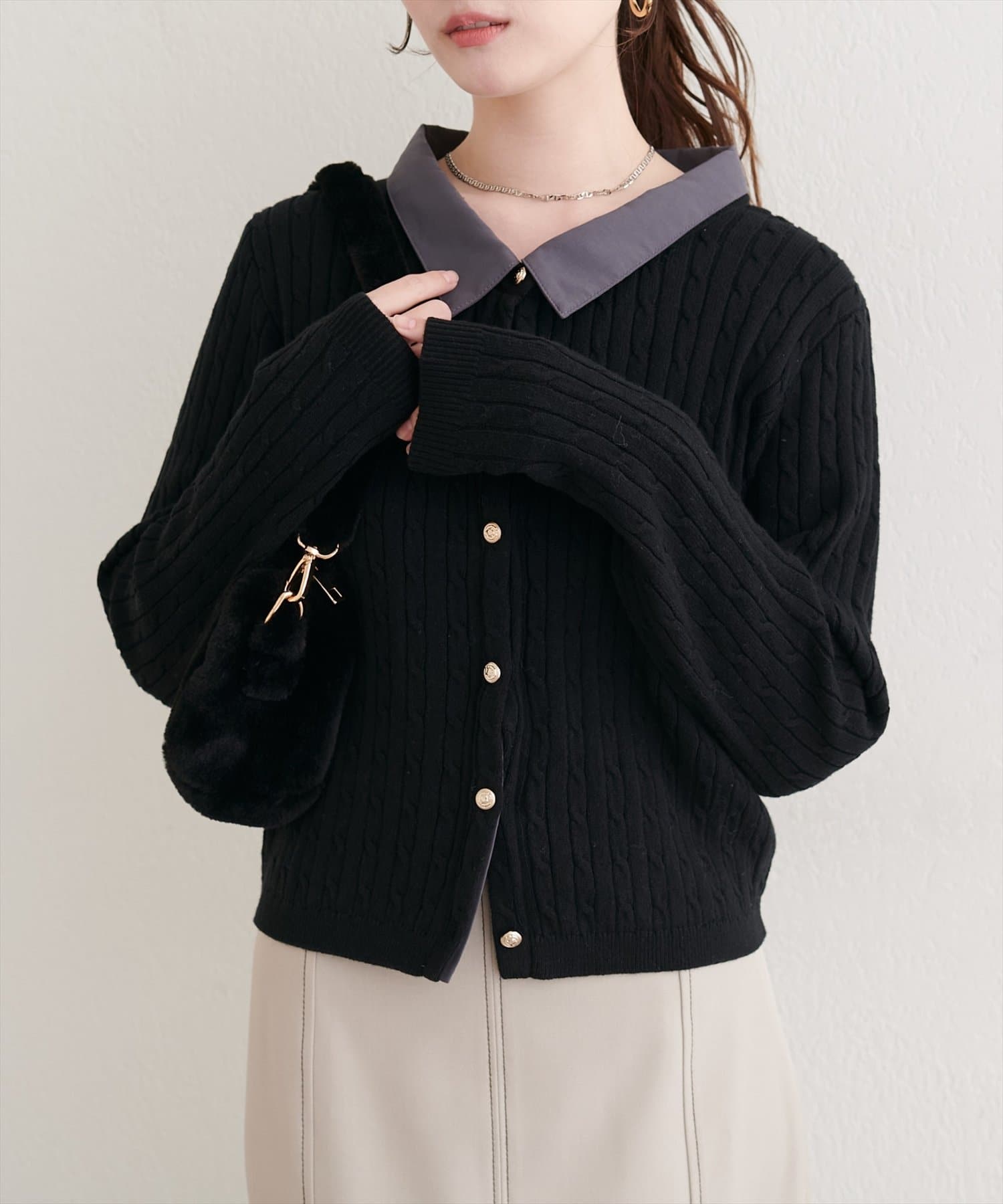 レイヤード風衿付きケーブルカーディガン | natural couture