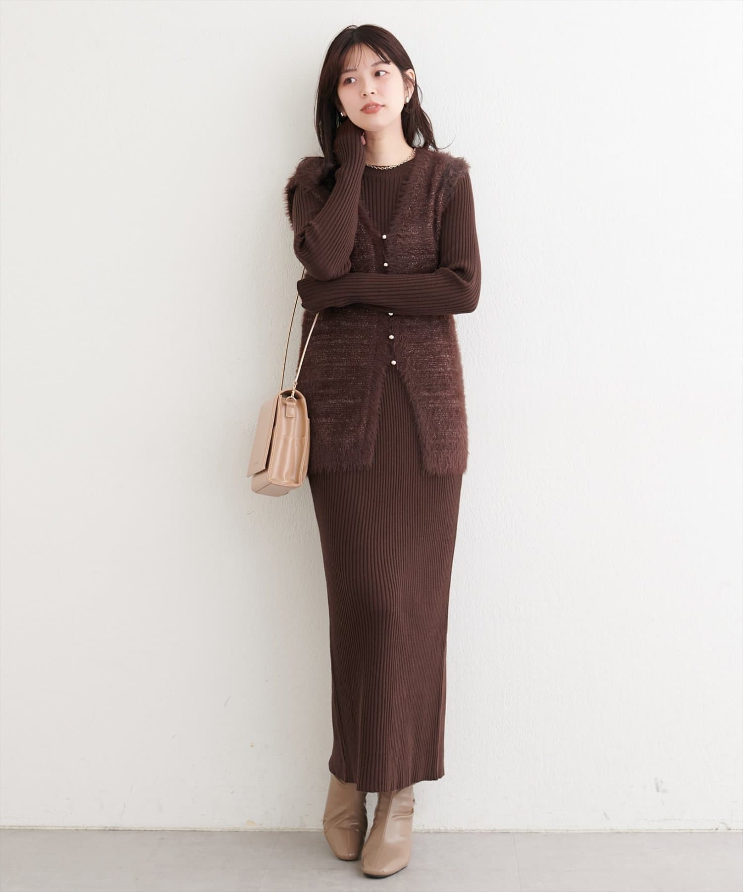 osono〉ラメフェザーニットベスト×リブワンピース | natural couture