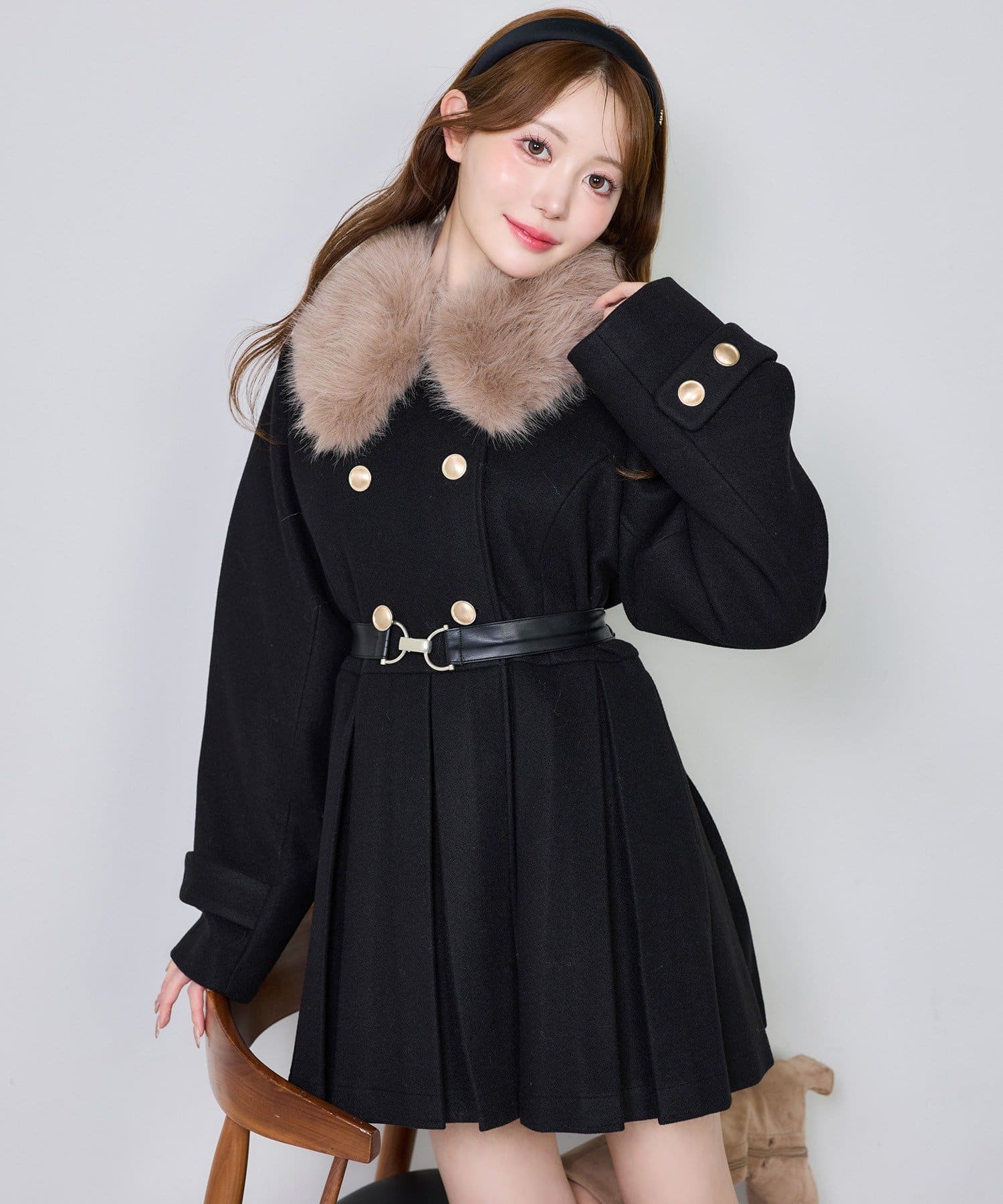 ウエストベルト付きフェイクファー襟ミドルコート | one after another