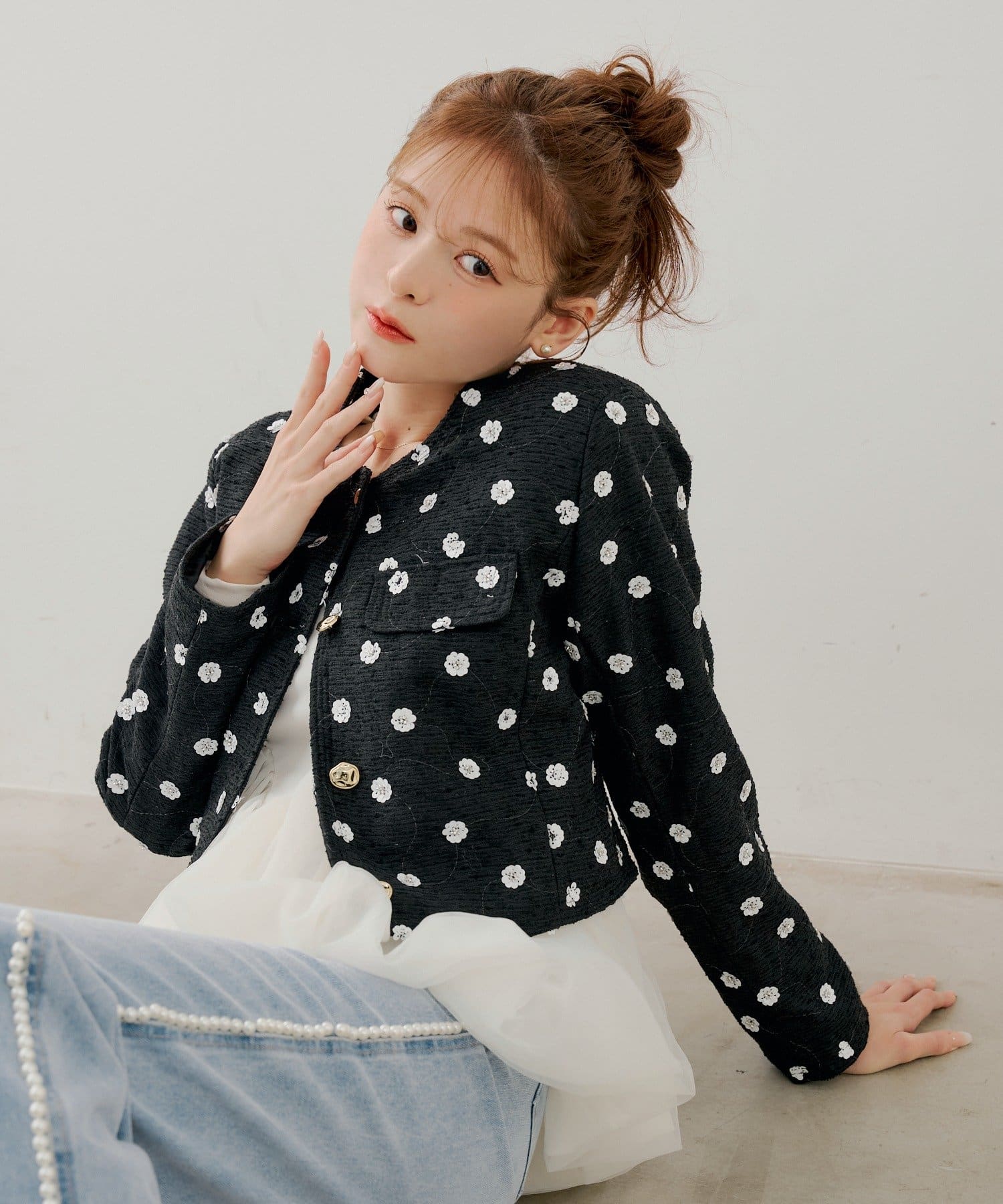 SALON by Chico】フラワービジューツイードクルージャケット | Chico