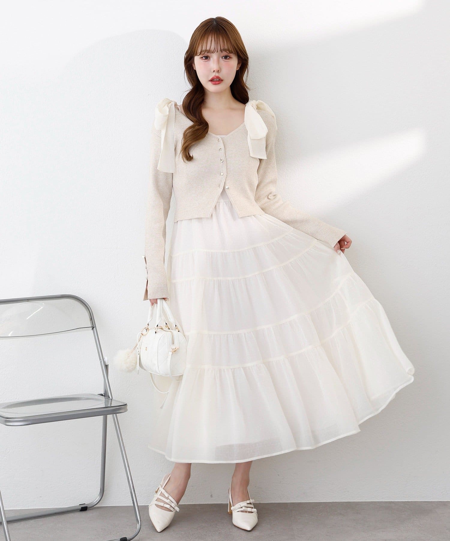 肩リボン取り外し可能】カーディガンセット2枚セットワンピ | one