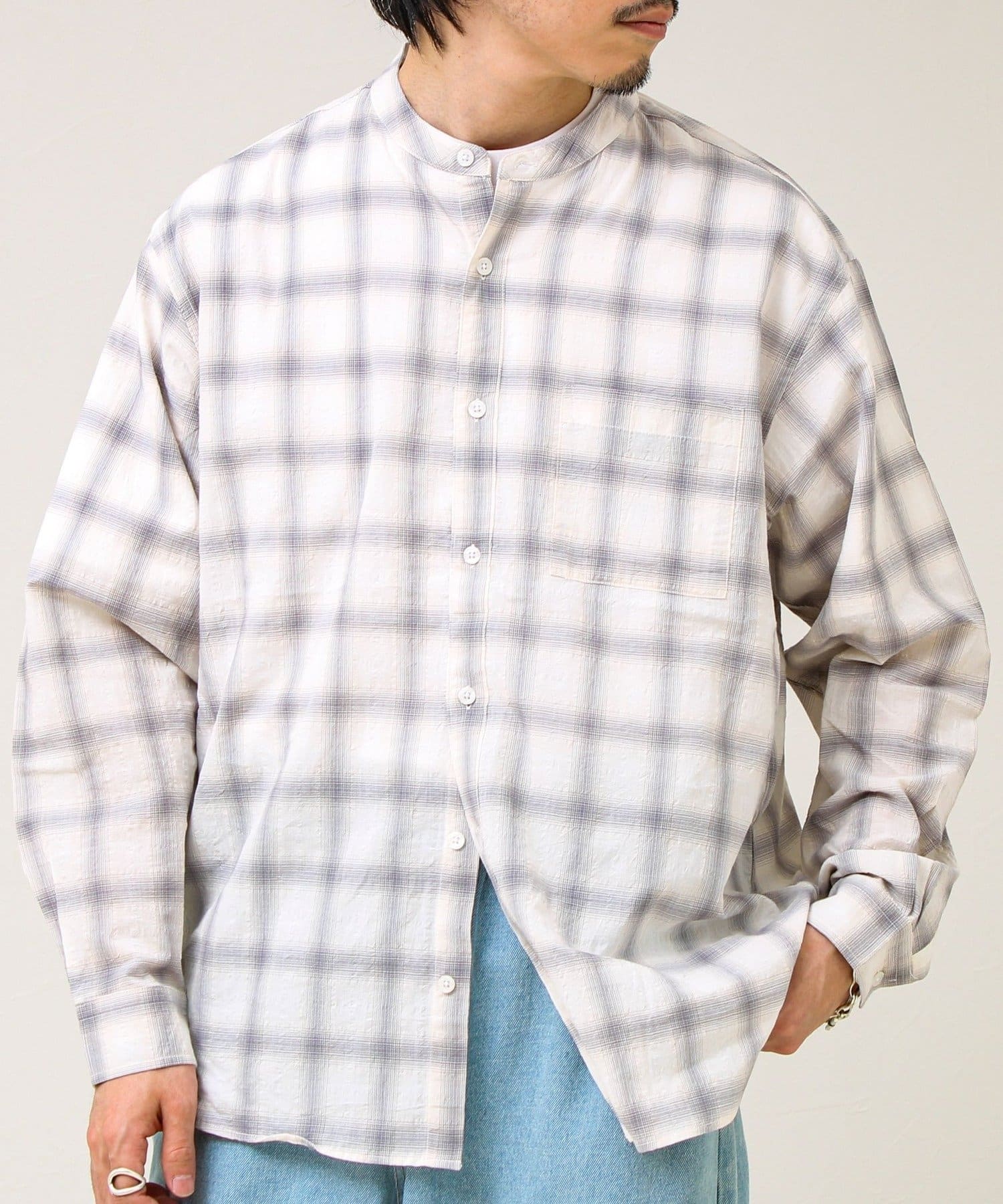 夏まで使える】テクスチャーバンドカラーチェックシャツ | FREDY