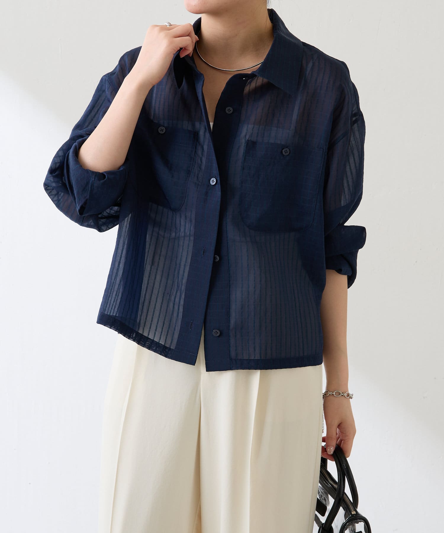 シアー素材】シアーストライプショートシャツ | COLLAGE