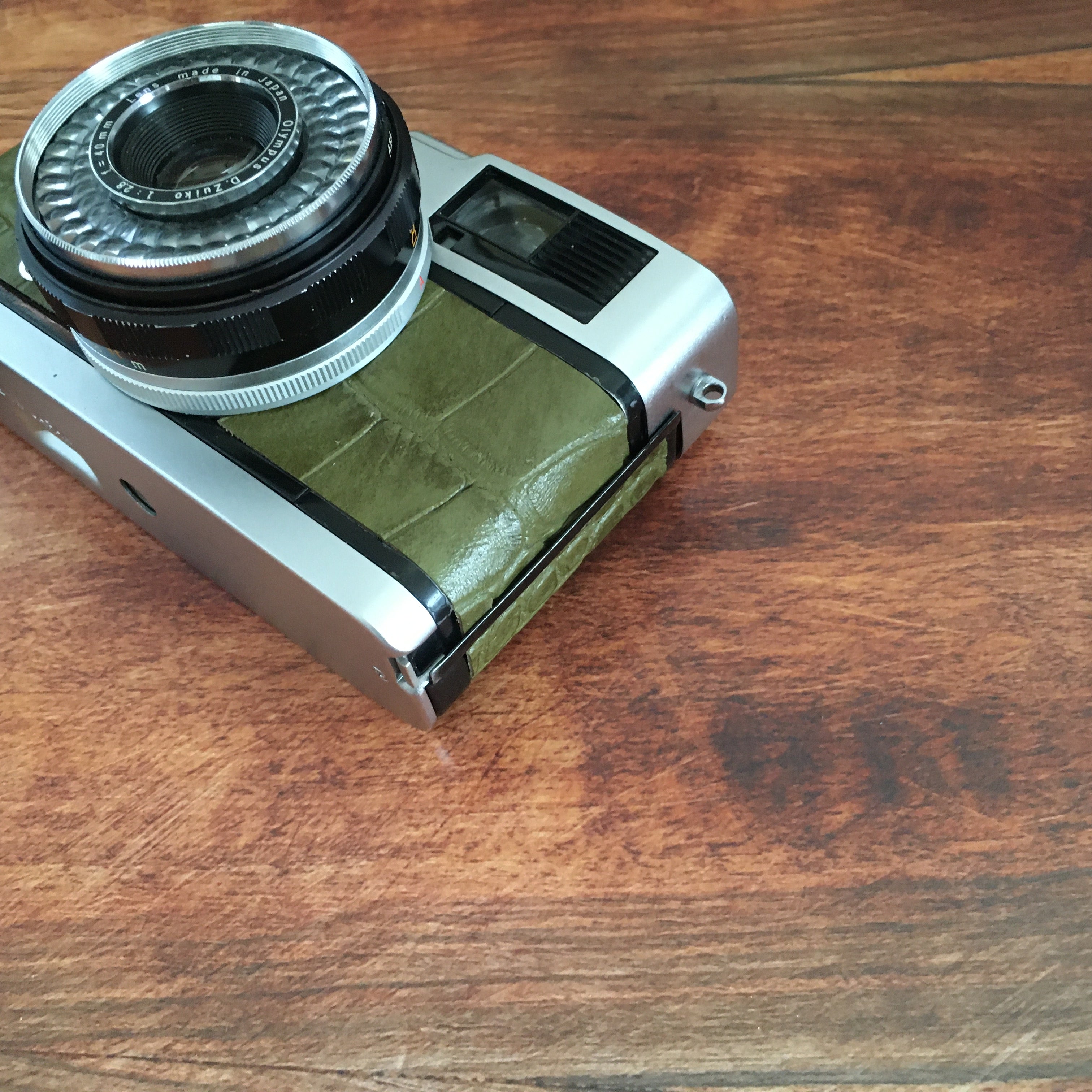 Olympus TRIP35 with crocodile stamped matcha green leather
