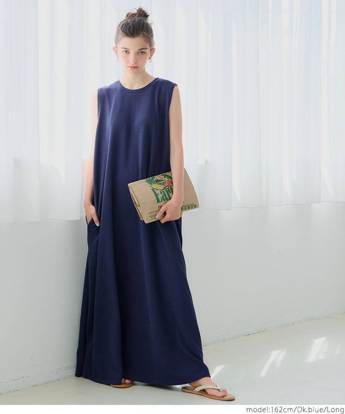 エンボス加工マキシ丈ノースリーブワンピース レディース メール便不可