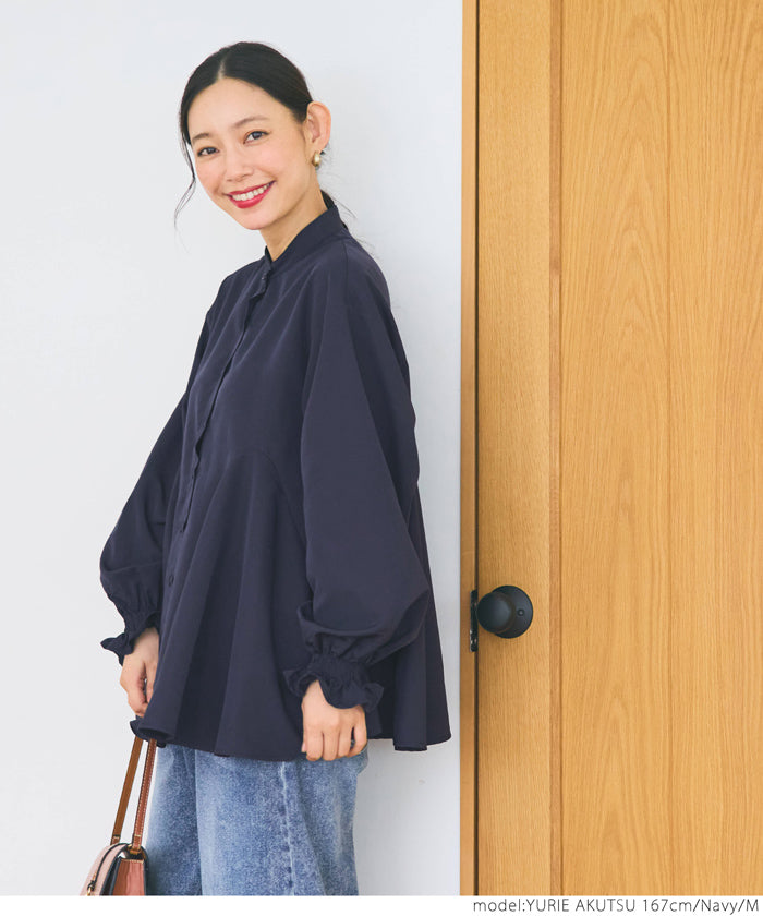 ブラウス レディース ペプラム ボリュームスリーブ フレア 前開き