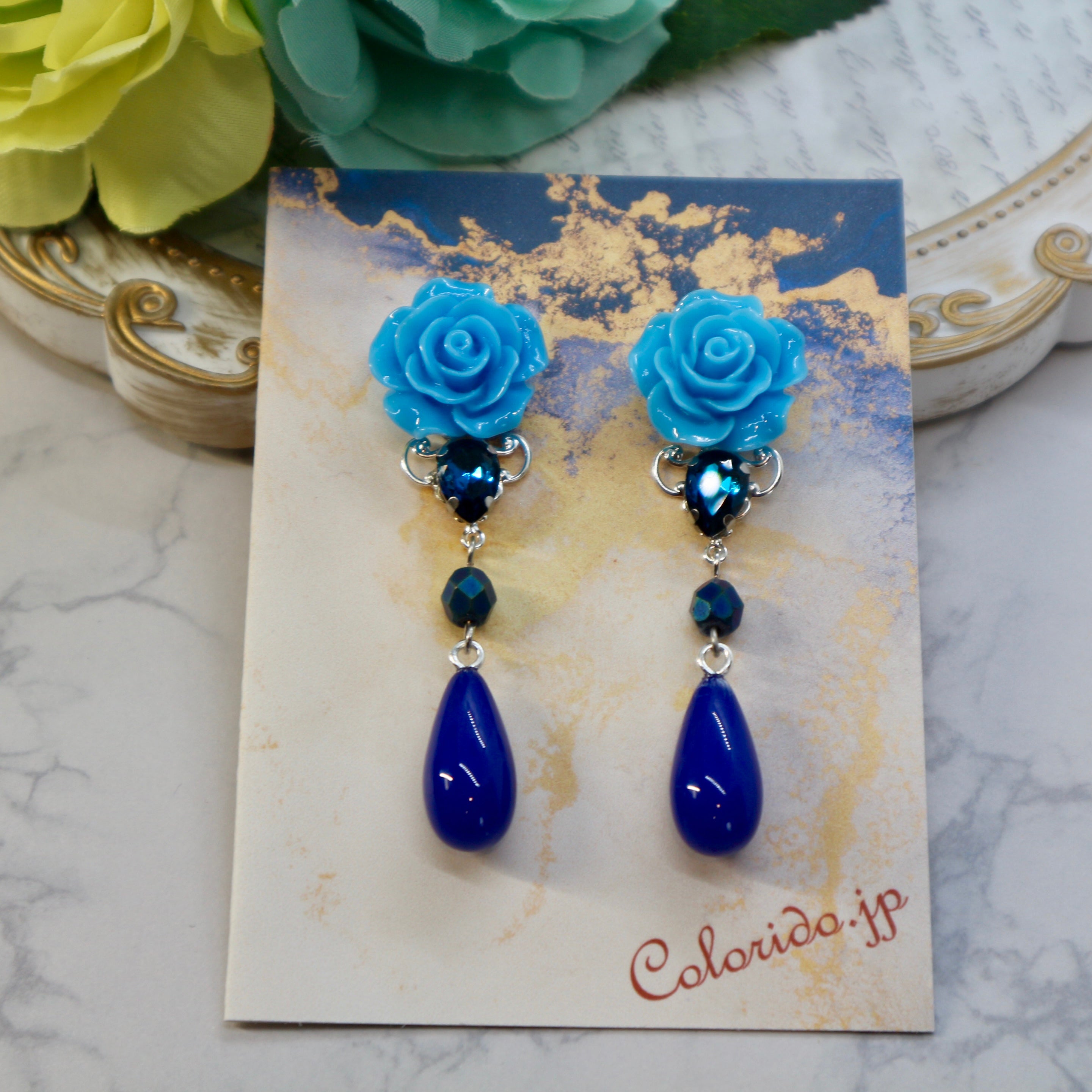 青薔薇とビジュー・しずくのピアス(イヤリング) – ころり堂 - Colorido