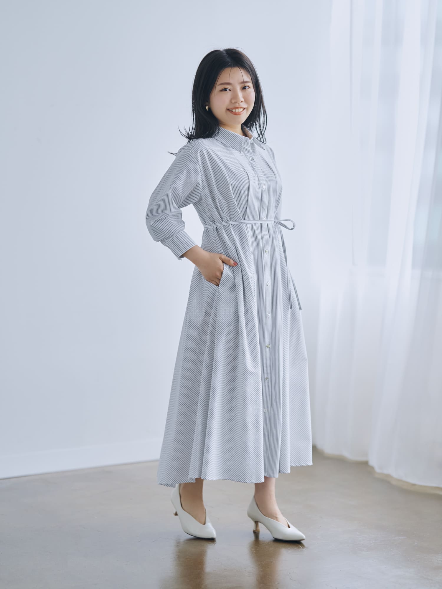 ストライプタックフレアシャツワンピース-short & regular | 小柄・低