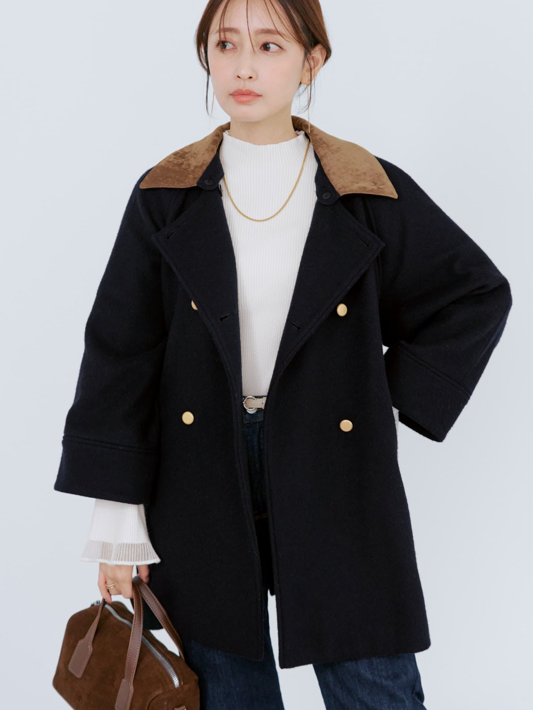 2wayカラーゴールドボタンミドルコート | 小柄・低身長女性向け