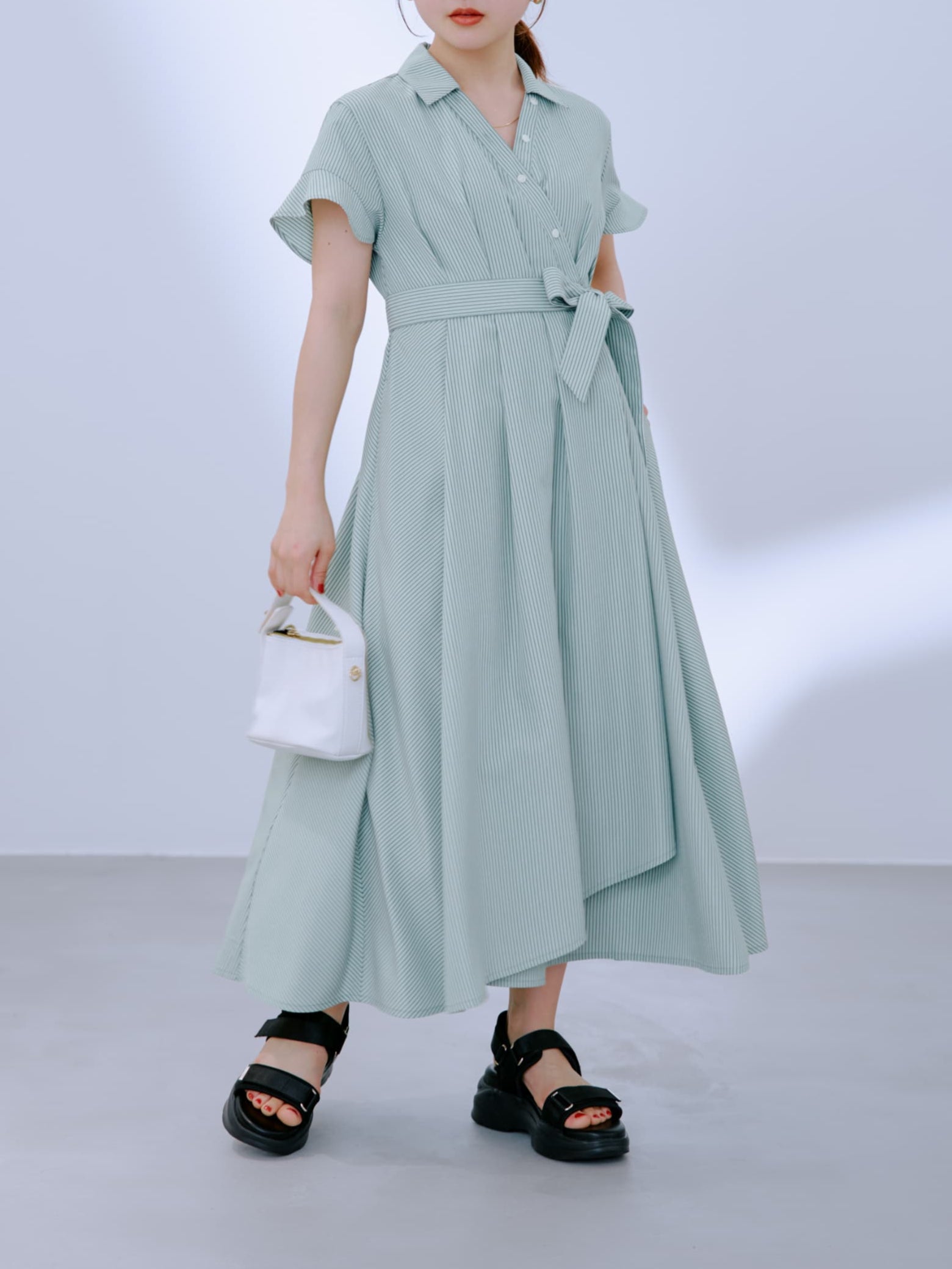 ストライプカシュクールタックワンピース-short & regular | 小柄・低