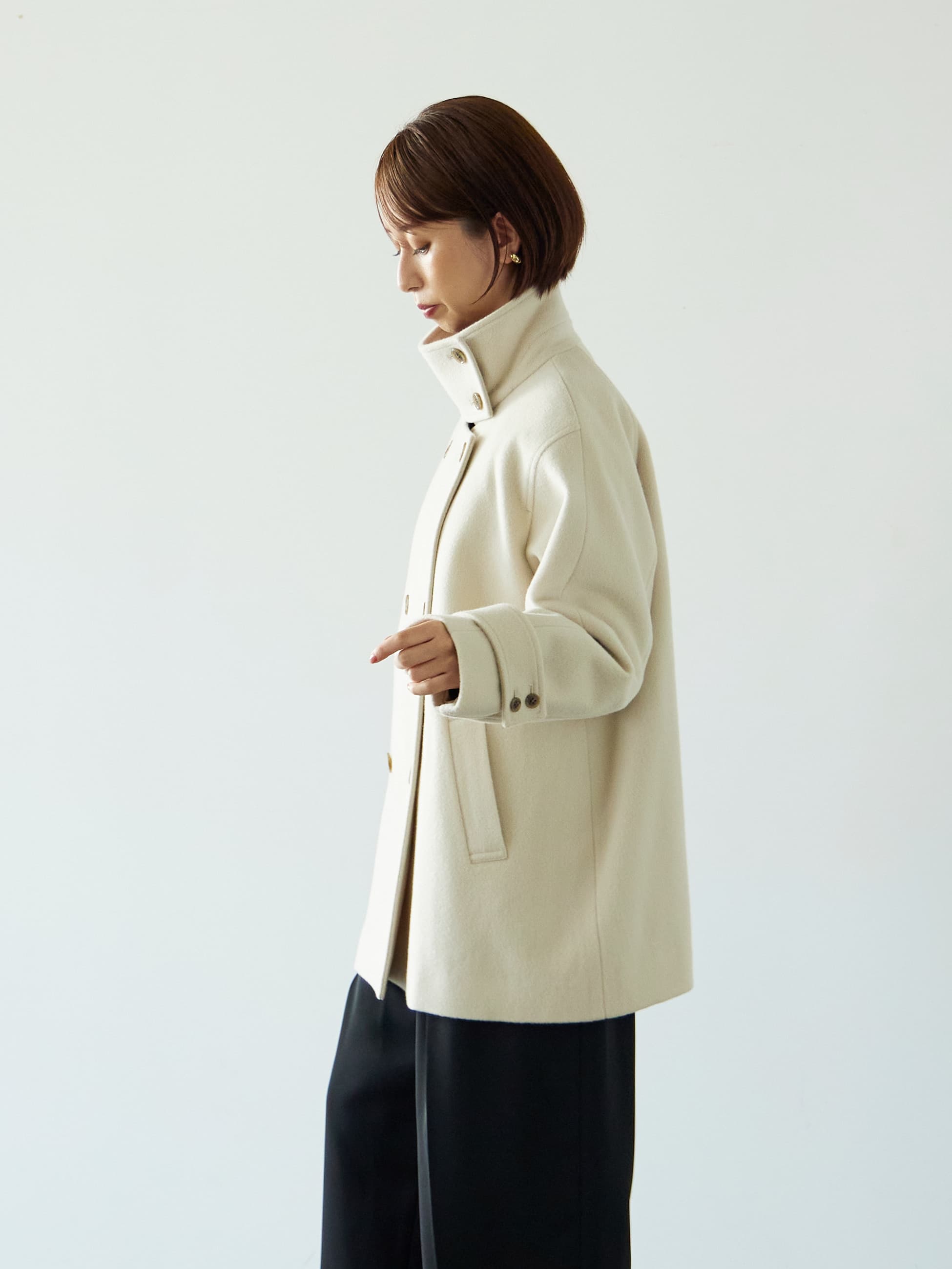 S120スタンドカラーミドル丈ウールコート | 小柄・低身長女性向け