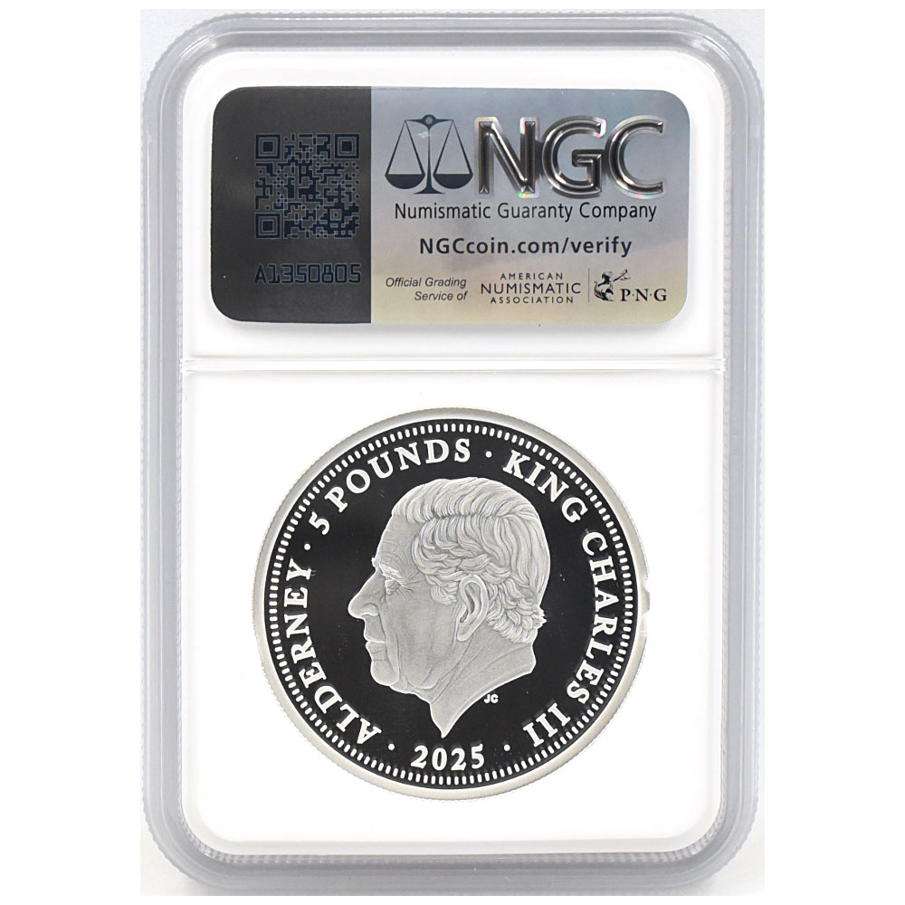 オルダニー 2025 チャールズ3世 5ポンド 2オンス 銀貨 NGC PF70UC ウナ