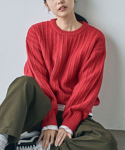 毛玉抑制/帯電防止】チェーンストライプクルーネックニット