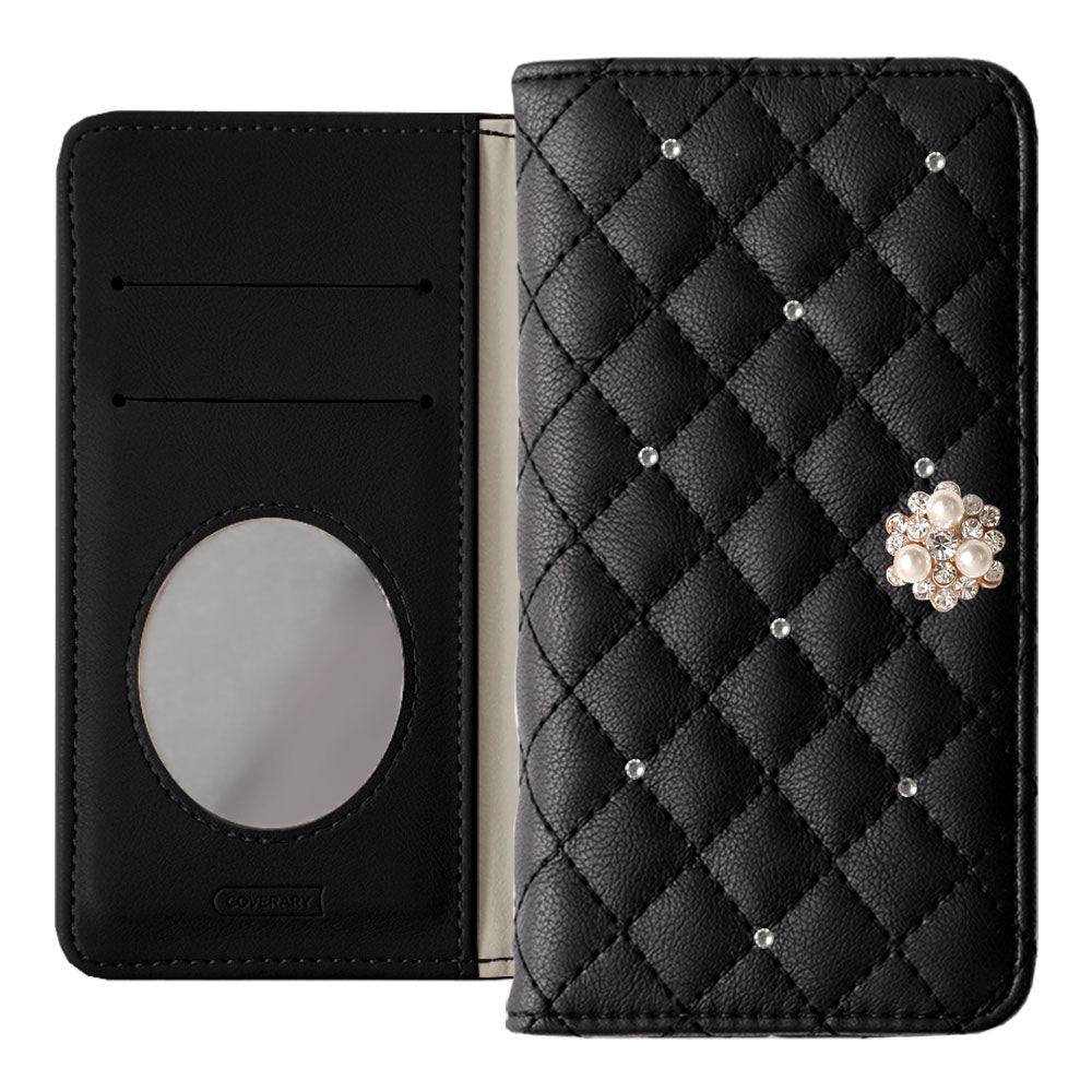 キルティング ミラー付き クリスタルパールデコ 手帳型ケース Galaxy